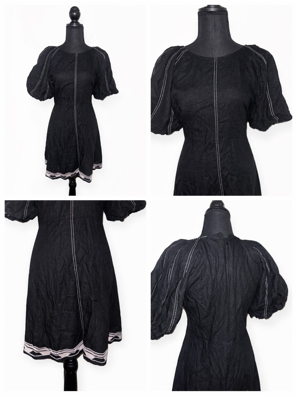 En Saison Black Puff Sleeve Mini Dress Contrast Stitch Cottagecore M